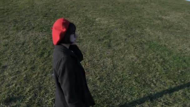 Mulher com chapéu francês na grama — Vídeo de Stock