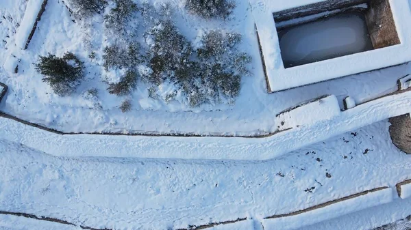 Aerial view historical city castle snow — Stock Photo, Image