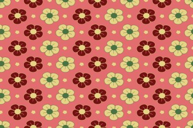 Çiçeksiz desen. Kırmızı ve sarı papatya ya da pembe arka planda papatyalar. Tekstil, kumaş, ambalaj kağıdı ve ambalaj için sonsuz desen. Vektör görüntüsü. Düz stil. Vektör illüstrasyonu