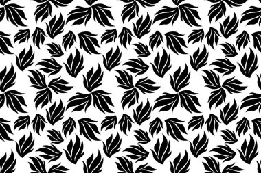 Beyaz arka planda yaprakları olan soyut, pürüzsüz bir desen. Sonsuz siyah yaprakları soyut bir şekilde tekrarlamak. Kumaş, ambalaj, tekstil vs. için modern doku baskısı. Vektör illüstrasyonu.