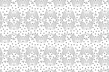 Yaprakları olan siyah şekilsiz soyut bir arka plan. Karalama ve kaleydoskopik stil yapraklı bir illüstrasyon. Moda kumaş ve duvar kağıtları için bir model. Vektör illüstrasyonu.