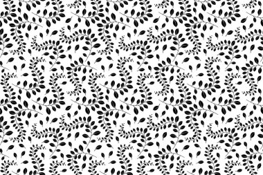 Kusursuz vektör deseni. Beyaz arka planda dalları ve yaprakları olan bir arka plan. Nötr sarmaşık tasarımı. Gizemli ve doğulu orman tasarımı. Kumaş tasarımı için hazır. Vektör illüstrasyonu 