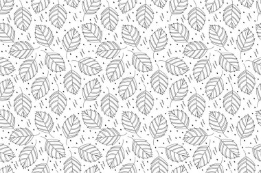 Beyaz arka planda yaprakları olan soyut, pürüzsüz bir desen. Sonsuz siyah yaprakları soyut bir şekilde tekrarlamak. Kumaş, ambalaj, tekstil vs. için modern doku baskısı. Vektör illüstrasyonu.
