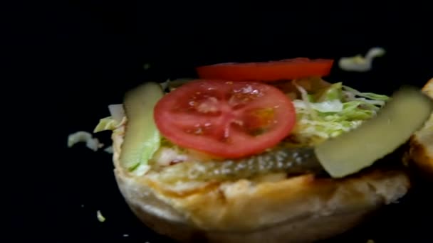 Slow Motion Shot Warstwowej Produkcji Hamburgerów Obraz Spadku Zawartości Hamburgerów — Wideo stockowe