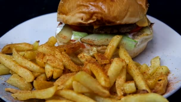 Patates Kızartmasıyla Dolu Hamburger Servis Tabağı Lezzetli Hamburger Menüsü Resmi — Stok video