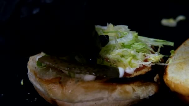 Slow Motion Shot Warstwowej Produkcji Hamburgerów Obraz Spadku Zawartości Hamburgerów — Wideo stockowe