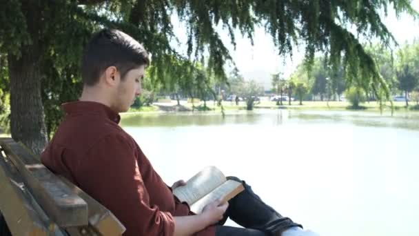 年轻人坐在河边看书 在树荫下的长椅上消磨时光 在绿地看书消磨时光 — 图库视频影像