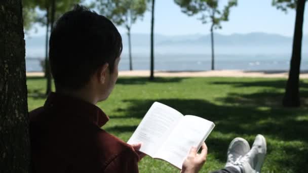 晴れた日に木にもたれて本を読んでいる若い男 緑の公園でリラックスしている人 小説を読んでいる間にリラックスした時間 — ストック動画