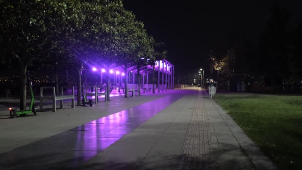 Młody Człowiek Jeżdżący Skuterem Elektrycznym Parku Publicznym Ozdobionym Fioletowymi Światłami — Wideo stockowe