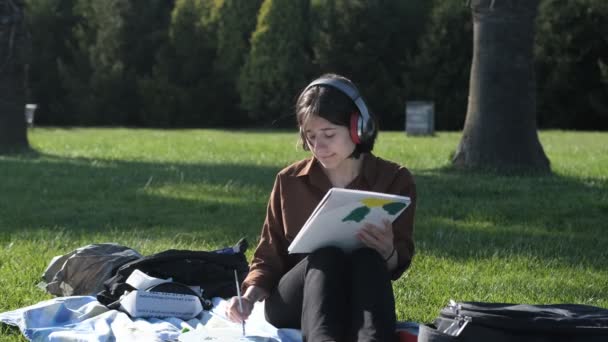 女人通过用耳机听音乐作画 花时间在外面作画 通过听歌曲和在画布上作画来获得乐趣 — 图库视频影像