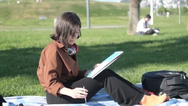 Jovem Mulher Sentada Pintura Grama Verde Com Óleo Atividade Arte — Vídeo de Stock