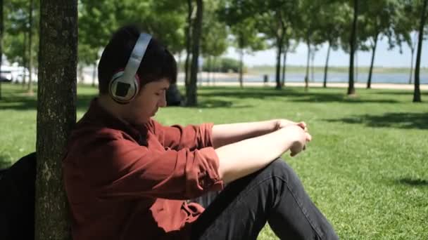 在阳光明媚的日子里 靠在树上放松地听音乐的人 男孩在草地上听着歌曲的形象 少年在普通的环境中听着戴着耳机的音乐的形象 — 图库视频影像
