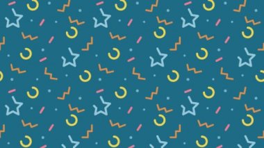 Renkli yıldızlar, daireler ve zikzaklar, 80-90 'lardan kalma animasyon vintage, memphis stili geometrik şekiller arkaplan yıldızları içeren soyut tasarım mavi desenli arka plan