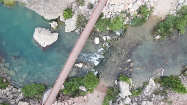 Drone View Observation Bridge Built Blue Waterfall Water Drone View — Stock videók