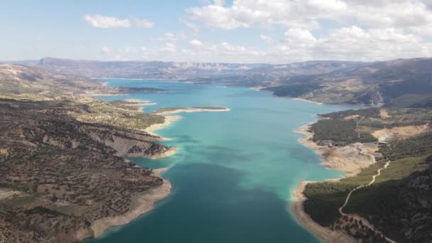 Aerial Drone View Very Large Dam Artificial Lake Surrounded Mountains — Wideo stockowe