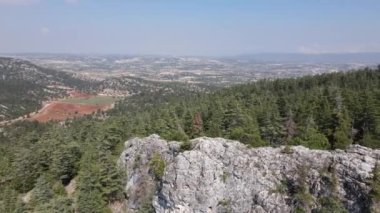 Green forest from mountain peak, birds eye view from mountain peak, drone view of coniferous green pine forest, images of green woodland inside the mountain