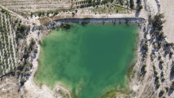 Aerial Natural Water Pond Drone View Blue Accumulated Irrigation Pond — Stockvideo