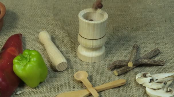 Slow Motion Advertisement Spices Poured Wooden Mortar Nature Products Theme — Αρχείο Βίντεο