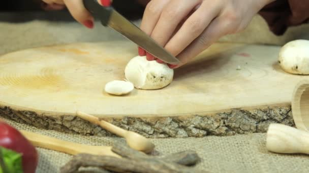 Close Shot Slow Motion Mushroom Chopping Image Womans Hand Slicing — Stockvideo