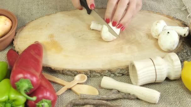 Image Womans Hand Chopping Vegetables Wooden Cutting Board Vegetable Meal — 비디오