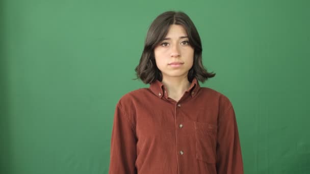 Young Women Front Green Screen Making Stop Sign Hands Pass — Video Stock