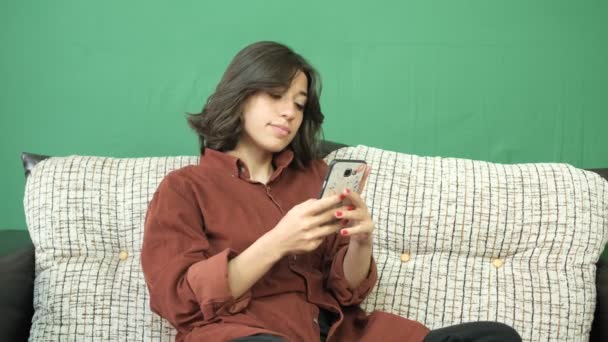 Image Girl Sitting Sofa Looking Phone Spending Time Smartphone Facial — 图库视频影像