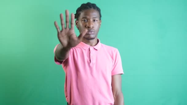 Black Man Making Stop Sign Palm Making Passing Symbol His — Video Stock