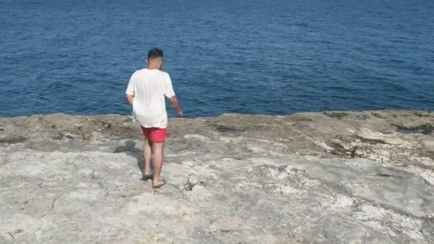 Man Walking Sea Young Man Strolling Cliffs Sea Vacationer Shirt — ストック動画