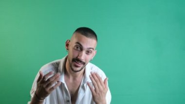 Gestures of come with me, male model image from invitation with hands, body language expression of come with me, mimics of the model in front of the green screen