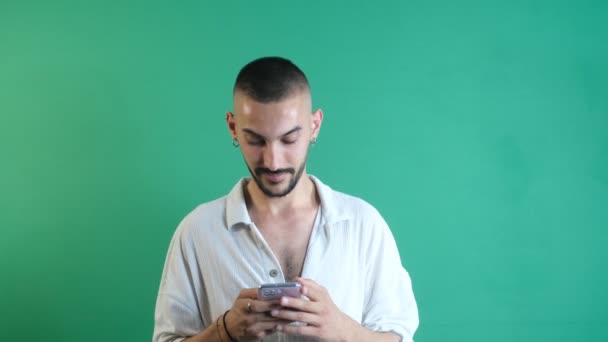 Male Model Texting Phone Smile Spending Happy Time Smartphone Emotions — стоковое видео