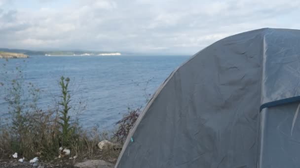 Man Entering Camping Tent Man White Shirt Using Tent Camping — Stock Video