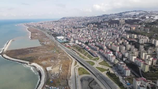 Aerial View Vehicles Road City Buildings Drone Shot Black Sea — Vídeos de Stock