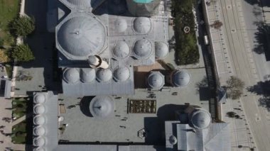 Drone view of historical places of konya from the air, drone view of sultan selim mosque and Mevlana museum, domes of historical buildings