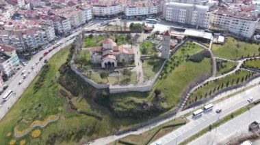Drone view of the Hagia Sophia mosque on the beach of Trabzon, the view of the old church converted into a mosque, touristic places of Trabzon