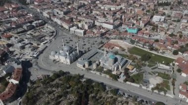 Drone view of the famous Sultan Selim Mosque and Mevlana Tomb of Konya, the settlement of touristic places from the air, the historical beauties architecture of Konya shoot by drone