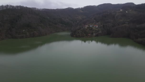 Images Dam Lake Waters Accumulated Valley Forest Drone View Hydroelectric — Vídeos de Stock