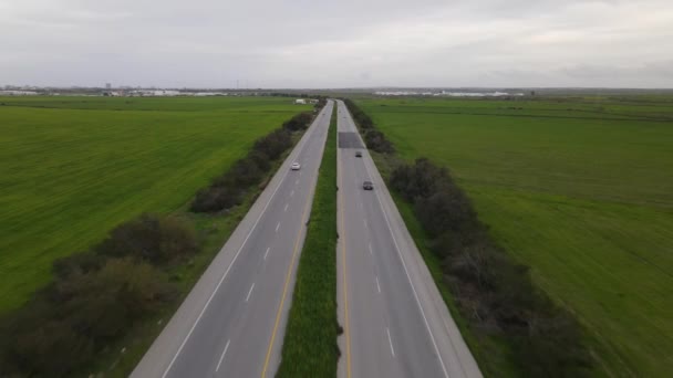 Aerial Drone View Main Road Green Fields Traveling Spring Car — Stok video