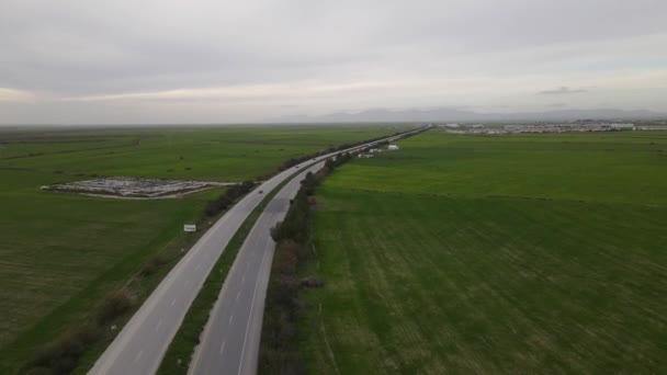 Drone View Main Road Going Green Fields Traffic Density Flowing — Video