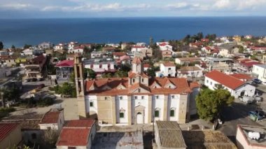 Drone view of Esentepe Mosque, an important religious place of Cyprus, the walls of the historical mosque, the old Esentepe Mosque as architectural beauties of Kyrenia