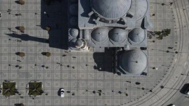 Drone view of historical places of konya from the air, drone view of sultan selim mosque and Mevlana museum, domes of historical buildings