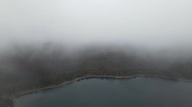 Drone view through foggy weather cloud, cold and thick fog mist over pond, winter weather in nature