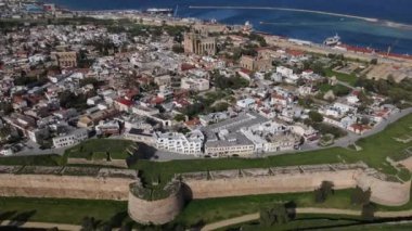 Inside the walls of the historical castle built by the sea, Famagusta castle taken by drone from the air, famagusta protected by the castle walls