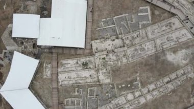 Drone view of the settlement inside the historical castle, opening of the old ruins in the castle, visiting historical places, Gaziantep Castle with its restored ruins