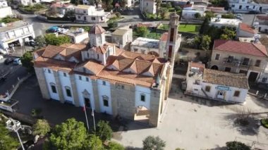 Drone view of Esentepe Mosque, an important religious place of Cyprus, the walls of the historical mosque, the old Esentepe Mosque as architectural beauties of Kyrenia