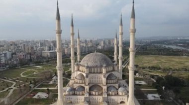 Aerial drone view of mosque, Adana citys largest mosque sabanci mosque, islamic temple with dome and minaret
