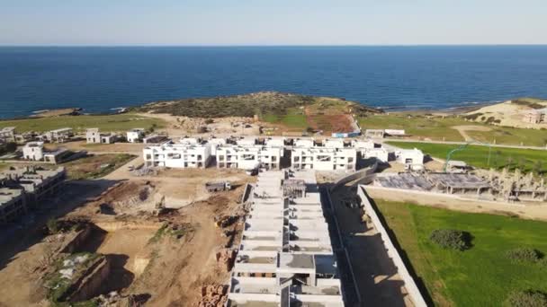 Aerial Drone View Holiday Site Construction Kyrenia Seaside Concrete Works — Vídeo de stock