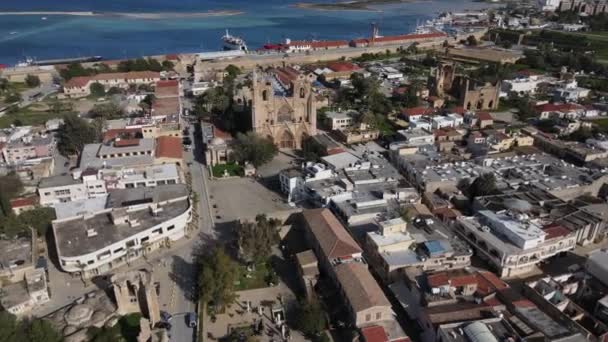 Aerial View Historical Beauties City Magusa Mustafa Pasha Mosque Coastal — Stok video