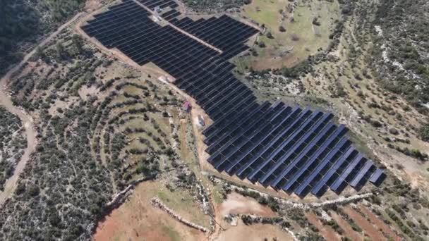 Aerial Drone View Solar Panels Spread Wide Land Solar Energy — Stockvideo