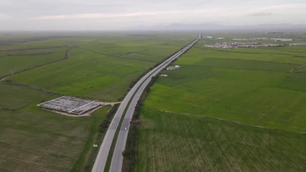 Drone View Main Road Going Green Fields Traffic Density Flowing — 图库视频影像