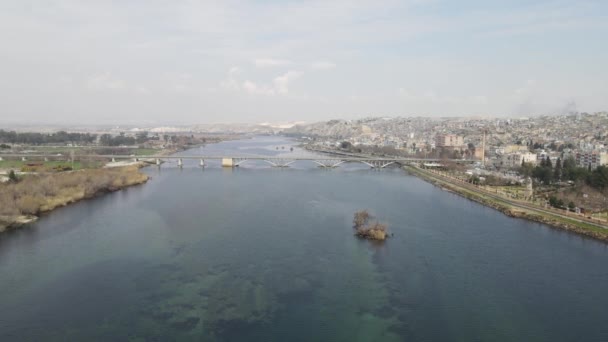 Drone View Bridge Euphrates River Firat River Separating Itself Urfa — Stockvideo